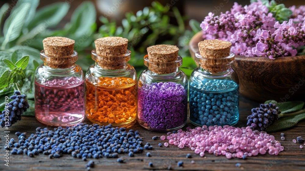 Colorful essential oils in glass bottles with herbs. Colorful essential oils in glass bottles with herbs.