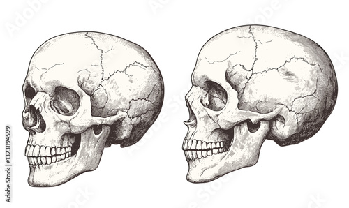 Human skull side views, anatomical illustrations, flat icons set, vector.