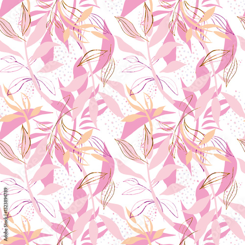 seamless vector pattern with pink and pastel colours leaves on white background