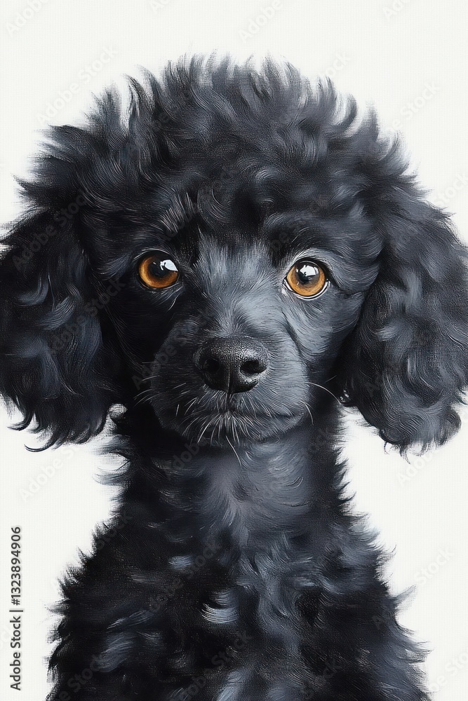 Hyper-realistic black poodle puppy with golden eyes and detailed fur in soft studio lighting on white background Hyper-realistic black poodle puppy with golden eyes and detailed fur in soft studio lighting on white background