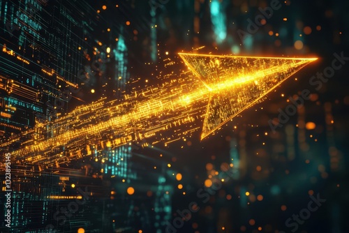 ascending golden arrow bursting through digital data matrix, symbolizing financial growth and market success, with futuristic glowing elements and dynamic upward trajectory on dark tech background