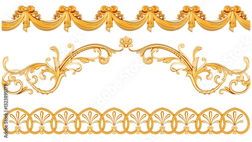 Gold ornament on white background, 3D render
