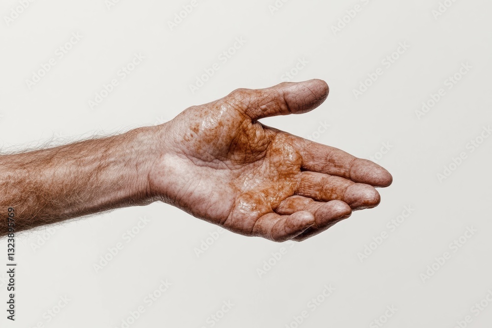 Fototapeta premium Close-up of an aged hand displaying wrinkles and spots, representing time and experience in life