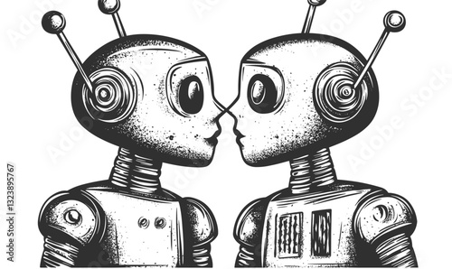 Retro robot couple facing each other vector - linear icons set.