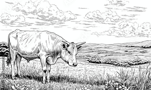 Cow in pasture with rolling hills and sky, linear icons set, vector.