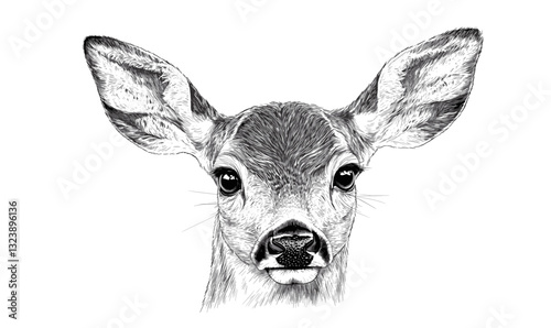 Deer face with big ears in black and white, linear style icons set, vector.