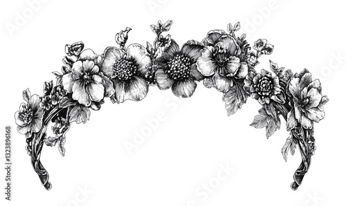 Floral headband with detailed flowers and leaves, vector, linear icons set.