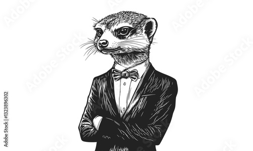 Meerkat in suit with bow tie, arms crossed - vector, linear icons set.