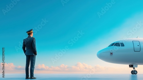 Confident Pilot in Uniform Overlooking Aircraft at Sunrise Against a Clear Blue Sky