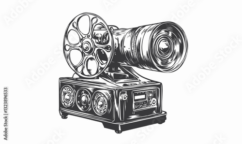 Vintage film projector with reel, retro camera, flat icons set, vector.