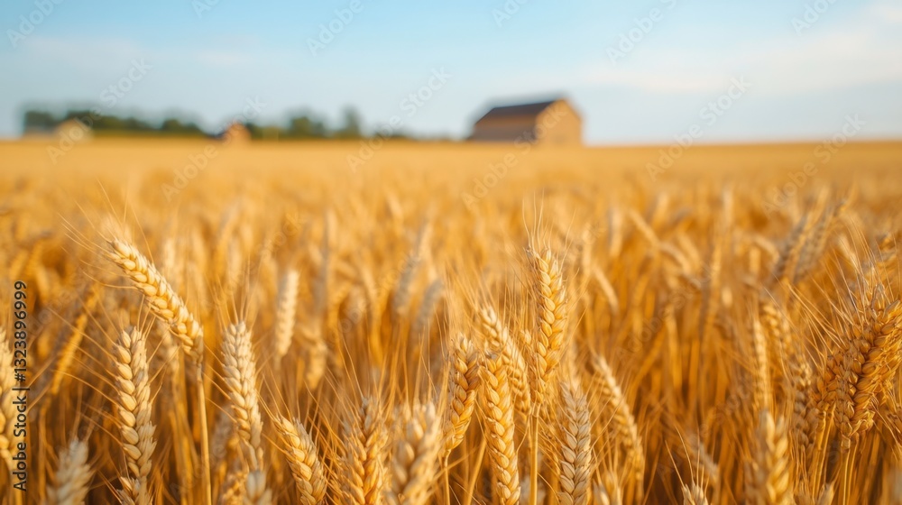 Obraz premium Golden Wheat Field with Barn Under Bright Blue Sky in Summer
