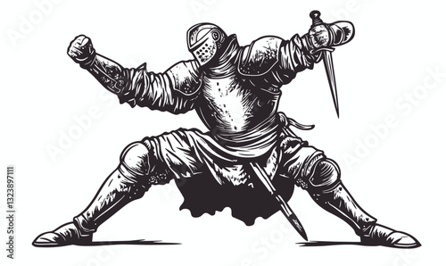 Medieval knight in battle pose icon set - vector, linear, flat.