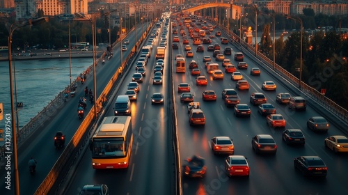 Heavy traffic on urban bridge during rush hour, showcasing the challenges of urban commuting and the bustling pace of city life.