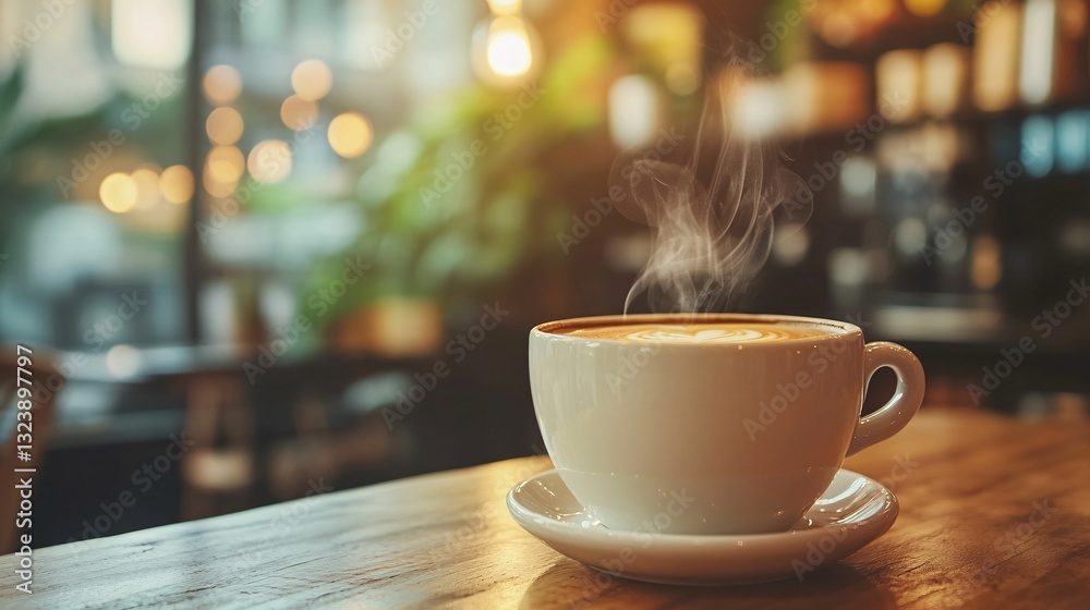 Steaming Cup on Wooden Table in Cozy Cafe Aromatic Beverage Pleasure and Warmth Serene Vibe Steaming Cup on Wooden Table in Cozy Cafe Aromatic Beverage Pleasure and Warmth Serene Vibe