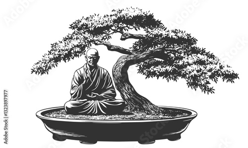 Zen monk with bonsai tree in pot, meditation and nature harmony, linear icons set, vector.