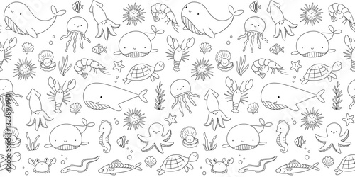 Seamless pattern with sea animals on white background, underwater life, vector outline illustrations. Nautical repeating monochrome design for nursery and kids