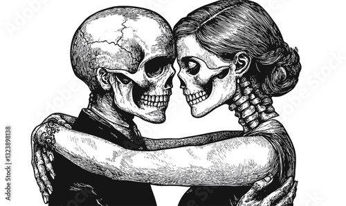 Romantic skeletons embracing in a grayscale, linear icons set.