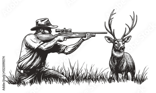 Hunter aiming rifle at deer in grassland, wildlife conservation scene, monochrome linear vector icons set.