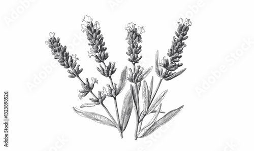Lavender plant botanical drawing, hand-drawn stems with leaves and flowers, linear icons set vector.