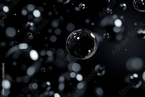 Black background with floating glass objects, light refraction, modern and abstract