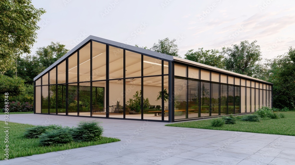 Modern glasshouse exterior with garden. Contemporary architecture with nature. Sustainable design. Modern glasshouse exterior with garden. Contemporary architecture with nature. Sustainable design.