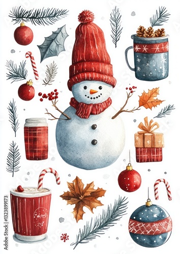 Christmas-themed watercolor illustrations snowman hot cocoa candy canes cookies deer holiday elements decorations festive
