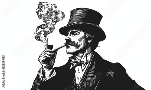 Distinguished gentleman smoking a pipe in classic attire, victorian era, top hat - linear icons set vector.