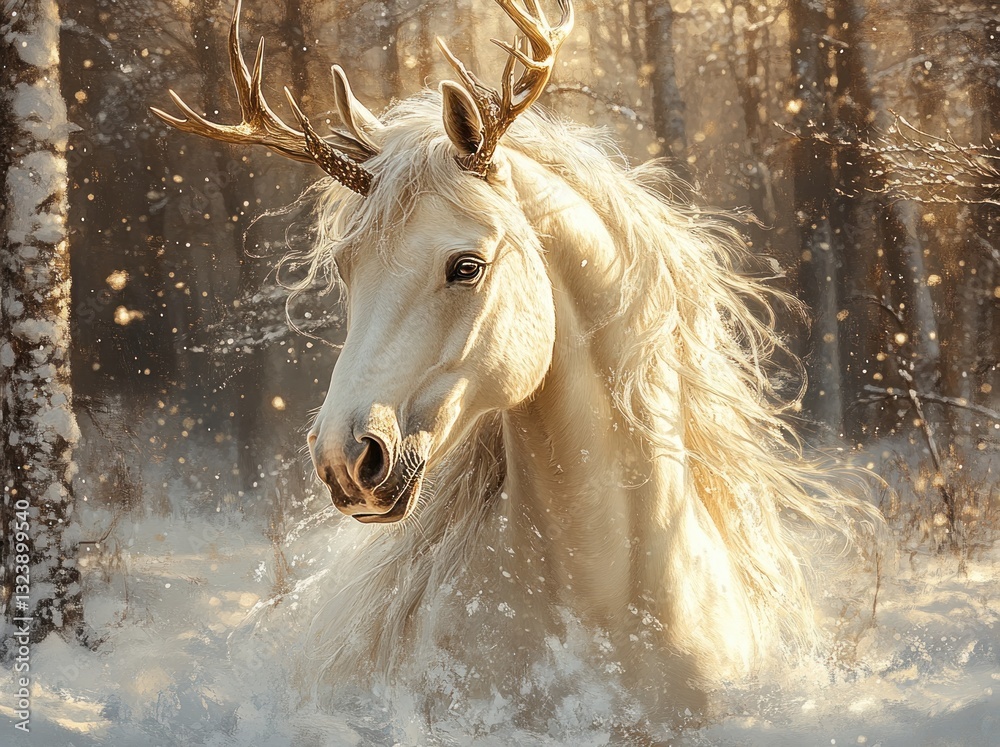 Obraz premium Watercolor Illustration of a Majestic White Horse with Antlers and Snowy Background