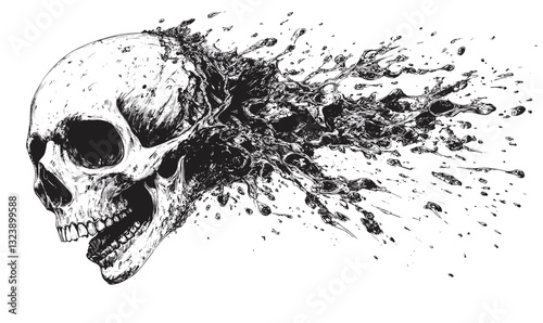 Detailed skull with splash effect, vector, linear icons set.