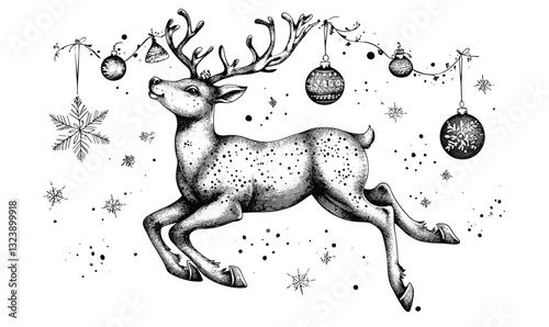 Elegant reindeer with christmas ornaments and snowflakes, linear icons set, vector.