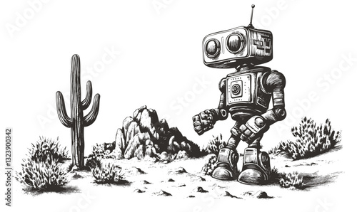 Retro robot in desert landscape with cactus and rocks, linear style, vector icons set.