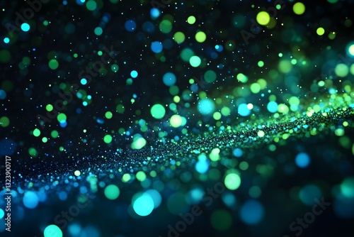 Black background with glowing green and blue particles, futuristic technology atmosphere.