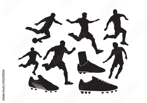 Soccer Player Silhouette Vector: Action Poses Cleats for Sports Design, Team Logos Football Graphics