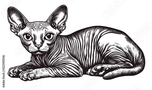 Sphynx cat lying down, black and white flat icons set, vector.