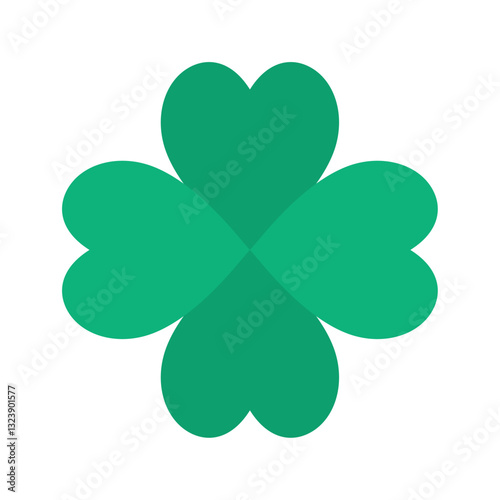 Flat vector illustration of a green four-leaf clover with heart-shaped leaves, symbolizing luck and good fortune