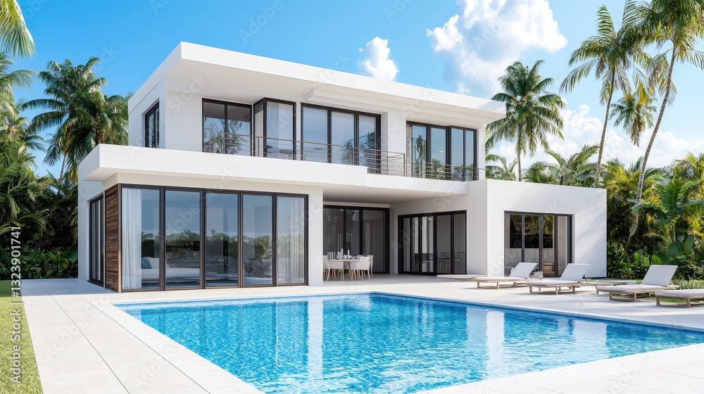 Fototapeta premium Modern white villa with swimming pool and palm trees. Luxury vacation home. Architecture and design concept.