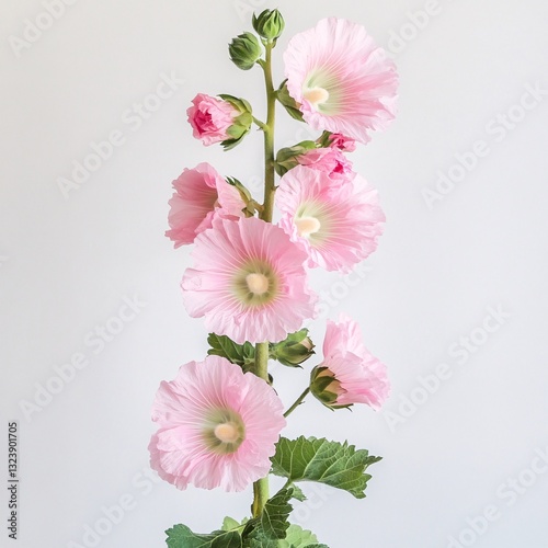 Delicate Pink Hollyhock Flowers Blooming on a Stem Botanical Close up