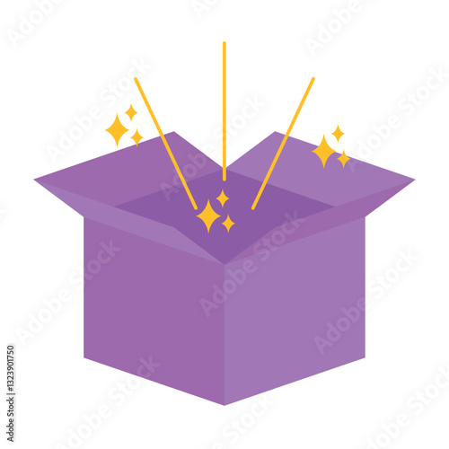 Flat vector illustration of a magical purple box with sparkling lights and glowing effects coming out