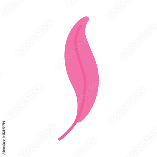 Flat vector illustration of a single pink feather with a smooth curved shape on white background