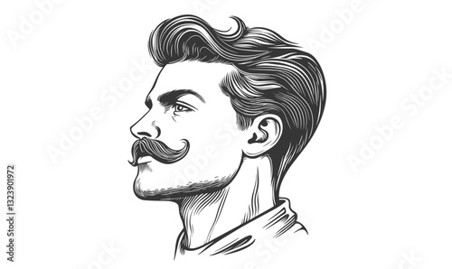 Stylish man with mustache, retro hair, and collar - linear icons set vector.