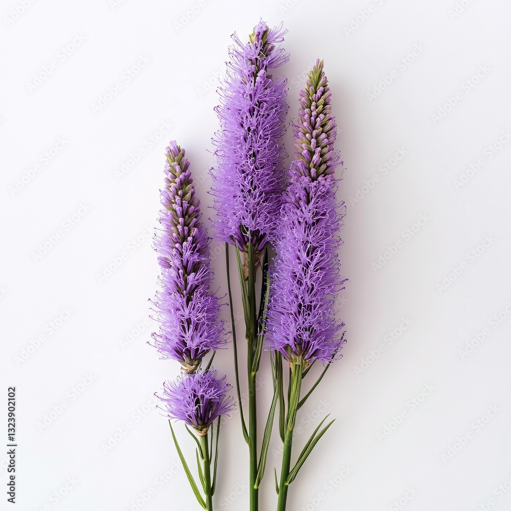 Naklejka premium Elegant Purple Liatris Flowers on White Background Floral Arrangement Botanical Photography