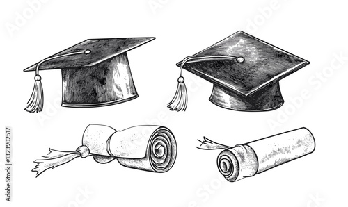 Academic achievement icons set featuring graduation caps and diplomas, vector, linear.