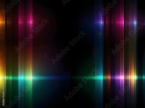  Blurred rainbow refraction overlay effect. Light lens prism effect on black background. Holographic reflection, crystal flare leak shadow overlay. Colorful rainbow disco ball light leaks texture