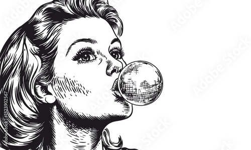 Retro woman blowing bubble gum in vintage black and white style – linear icons set vector.