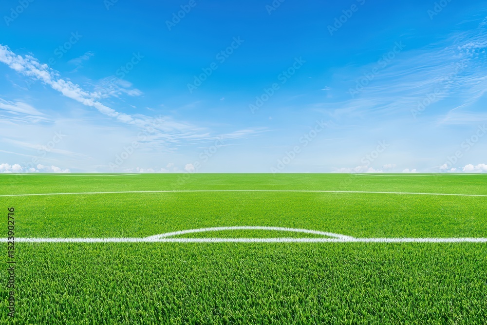 Obraz premium Minimalist Soccer Field in Abstract Concept Under Bright Blue Sky with Green Grass