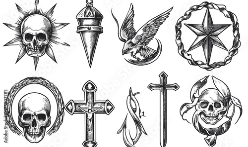 Gothic skull, star, and cross icons set in linear style - vector.