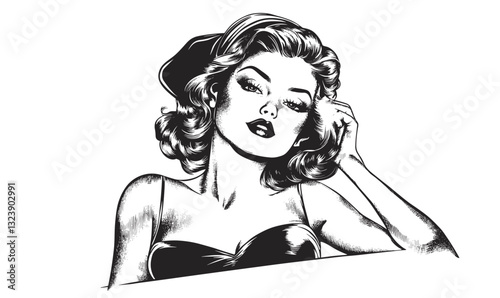 Vintage glamour woman portrait in black and white, vector, linear icons set.
