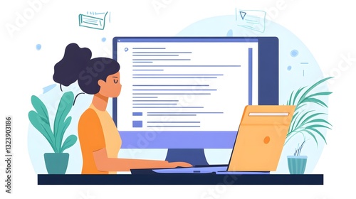 a woman working on computer, with a laptop and indoor plant in the room.