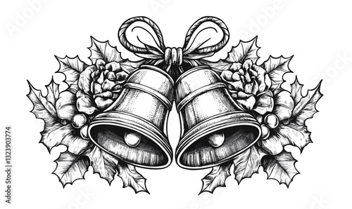 Christmas bells with holly and ribbon - linear icons set - vector.
