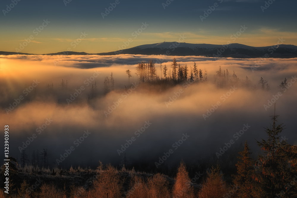 Fototapeta premium fog in the foothills of the High Tatras at sunrise near Strbske pleso